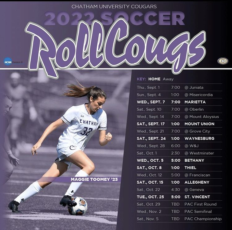 Chatham_WIH's tweet photo. Seeing fall sports schedules mean only 1 thing! The Cougs are rolling back to Pittsburgh! Good luck @ChathamU_WSoc @ChathamXctf @chathammsoccer @chathamVball #PrideinthePaw https://t.co/j4lRQ4PFcR