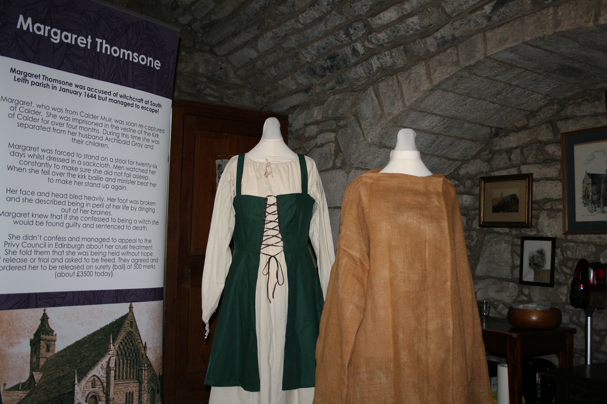 CalderWitchHunt's tweet photo. It's very poignant to see our sackcloth on display in the kirk vestry where Margaret Thomson (and probably others) was imprisoned.
You can tour the kirk and see the exhibition at Kirk of Calder, Mid Calder on Sundays 2-4pm (except 28th) until end of September. https://t.co/VVkwJOvEQW