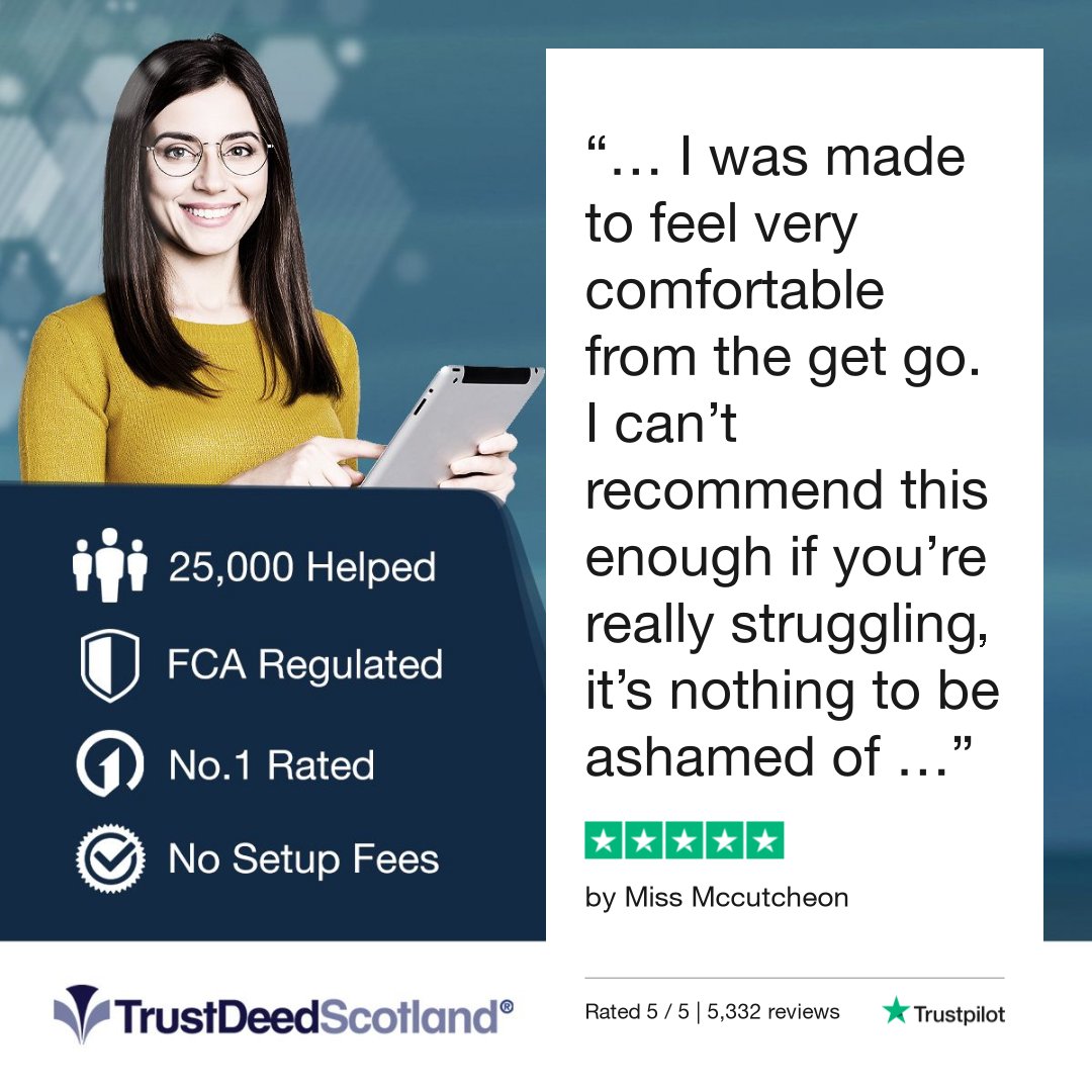 TrustDeedScotl's tweet photo. 🆕Trust Deed Scotland® @Trustpilot review.
★★★★★ by Miss McCutcheon.
Get started:
➡️ https://t.co/BlktQg4yhM
Read more reviews:
➡️ https://t.co/ftpYfsjxOd
📞 0141 221 0999
#realmoneystories #debtfreestories #lifeafterdebt #debtsolutions #scotland #helpwithdebt