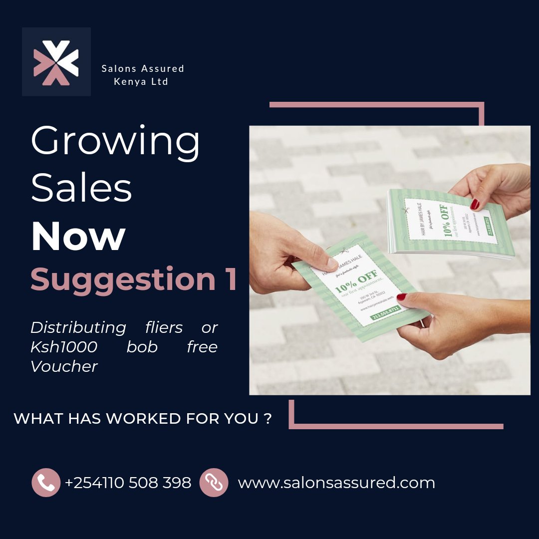 Growing Sales Now.

••Step outside your salon/ Barbershop/ Spa••

• I suggest 2 in1 flier, directional and a mention of OFFER days or Happy Hour days
OR. Free 1000 bob vouchers to Specific Prospect Clients

• Let me here your thoughts.....

Salon Business is in our hearts..