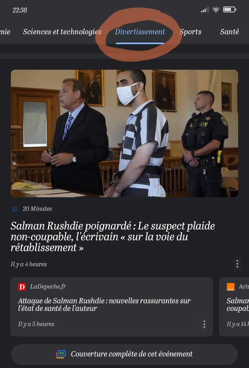 Michka_Sasha's tweet photo. Parfois je lis les actu sur l'App de #googleactu  petite préférence pour  la rubrique #divertissement ... Stupéfaite de voir dans cette rubrique parler de l'agression #SalmanRushdie...
#Salman_Rushdie ...
Cela devient tellement banal que cela est un divertissement pour certains! https://t.co/nRmk8mvCoz