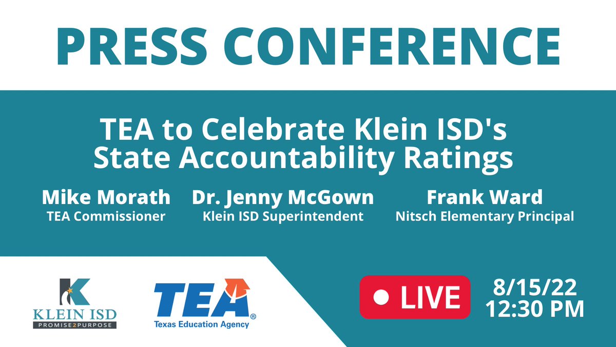 Klein ISD (@kleinisd) on Twitter photo TEA Commissioner Mike Morath will join <a href="/KleinISD/">Klein ISD</a> Superintendent Dr. <a href="/jenny_mcgown/">Dr. Jenny McGown</a> and <a href="/NitschKISD/">Nitsch Elementary</a> Elementary Principal Frank Ward to celebrate and discuss Klein ISD's historic academic growth.
We’ll be streaming on our Facebook page at Monday at 12:30 PM. fb.me/e/2La54kPbI TEA Commissioner Mike Morath will join <a href="/KleinISD/">Klein ISD</a> Superintendent Dr. <a href="/jenny_mcgown/">Dr. Jenny McGown</a> and <a href="/NitschKISD/">Nitsch Elementary</a> Elementary Principal Frank Ward to celebrate and discuss Klein ISD's historic academic growth.
We’ll be streaming on our Facebook page at Monday at 12:30 PM. fb.me/e/2La54kPbI