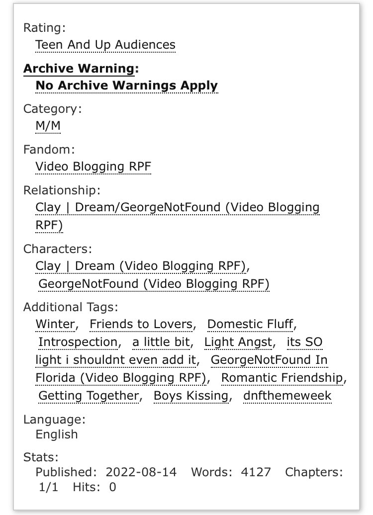 snowdreamr's tweet photo. / dnf, dreamnotfound

‘fifty one (oh, dear florida)’

— 4.1k words 
— 1/1, teen and up
— friends to lovers, domestic fluff

! #dnfthemeweek — day 1: winter.

<3 #dnf #dnffanfic #dreamnotfound 
🔗 https://t.co/cRCMeSiMQV

rts and kudos are very much appreciated :) https://t.co/gYBCIqoMeH