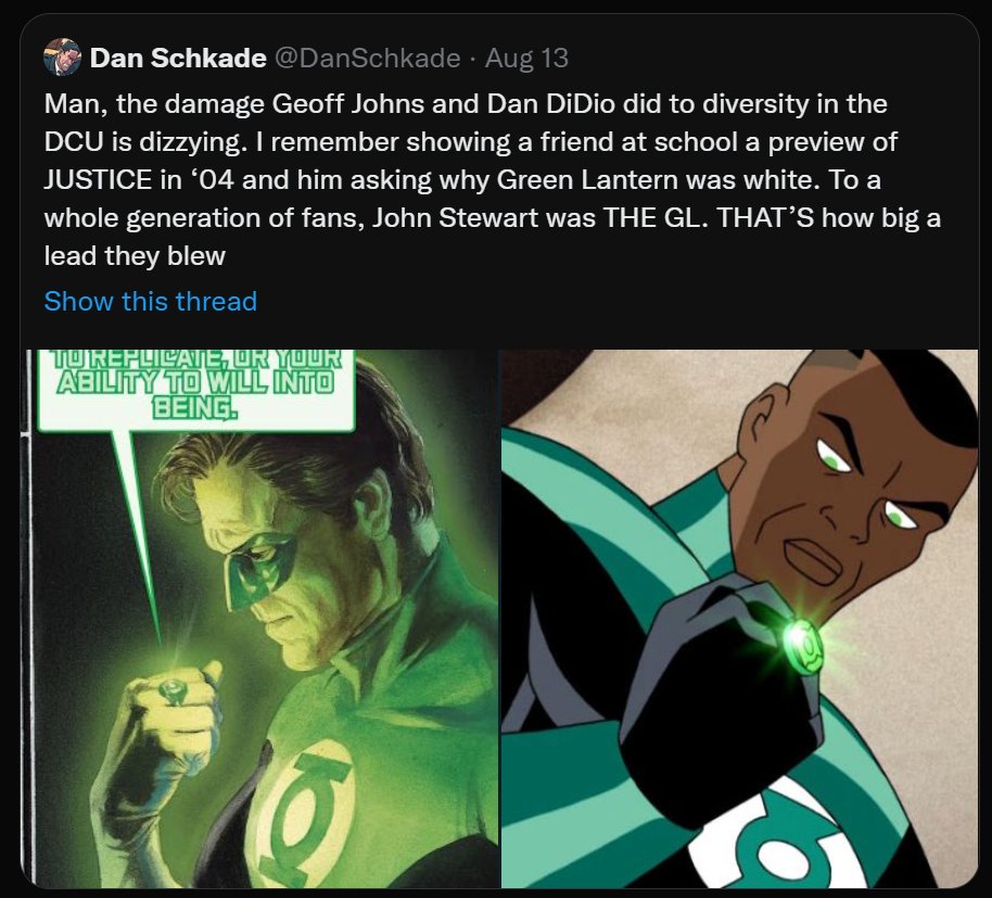 Nope. What we actually did was RESTORE the entire GREEN LANTERN mythos by including Hal Jordan and creating a Latina and a Muslim, while also creating a LITERAL RAINBOW of various Lantern Corps called the Emotional Spectrum. 

It became DC's 2nd biggest franchise. 

Stop crying.