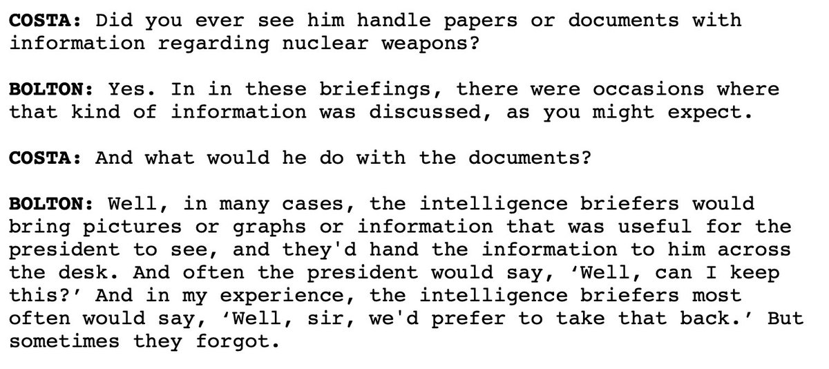ifindkarma's tweet photo. @PhilipRucker @JaxAlemany @jdawsey1 @PostRoz @DevlinBarrett “Often the president would say, ‘Well, can I keep these?’ And in my experience, the intelligence briefers most often would say, ‘Well, sir, we’d prefer to take that back. But sometimes they forgot.”
John Bolton to Robert Costa on Trump handling documents: https://t.co/FYOXkNr8KE