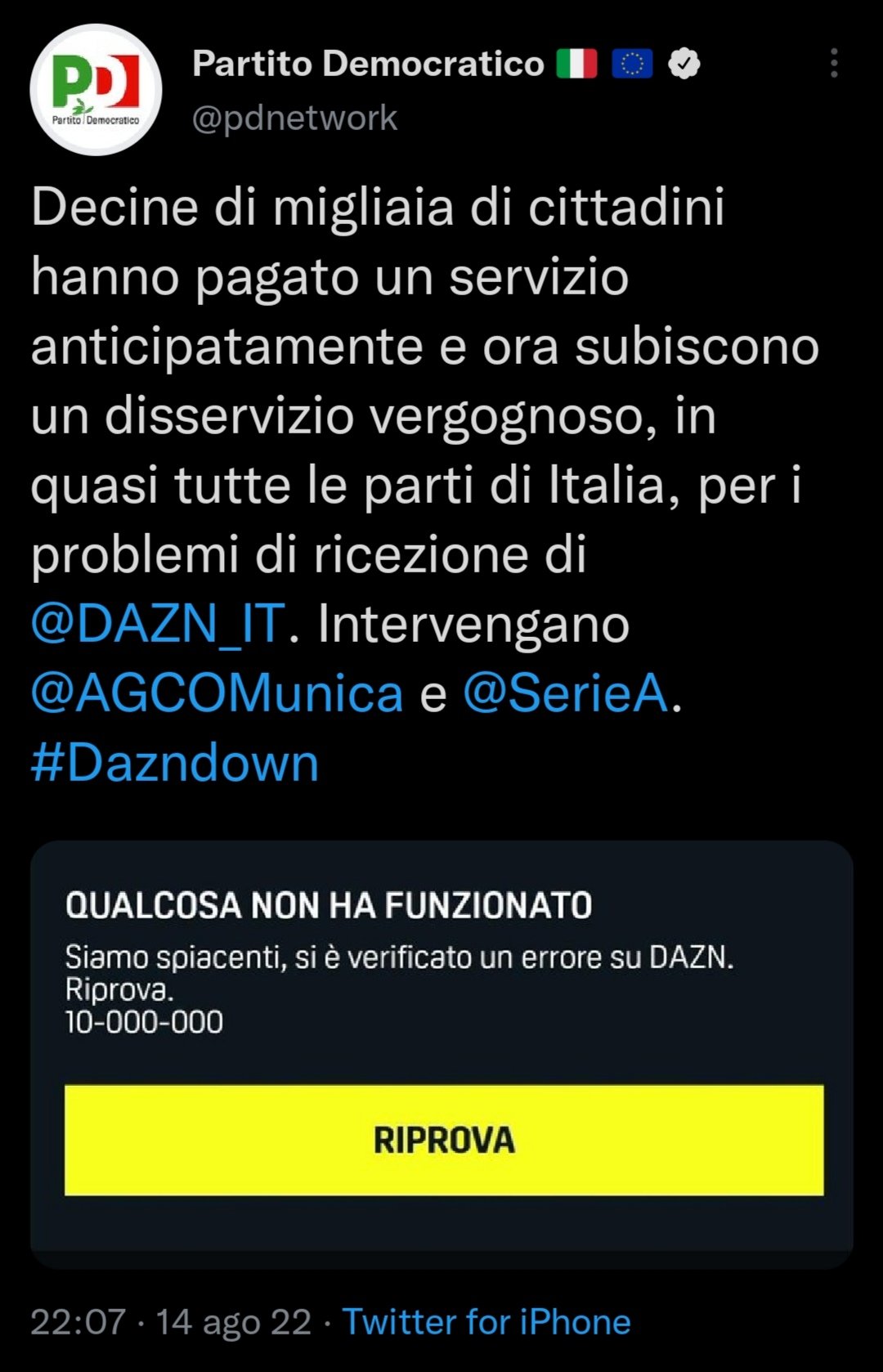 Crazy Ass Moments In Italian Politics The Italian Democratic Party Against Dazn August 14th 22 Disdicodazn Dazndown T Co H5xnfli6uc Twitter Crazy Ass Moments In Italian Politics The Italian Democratic Party Against Dazn August 14th 22 Disdicodazn Dazndown T Co H5xnfli6uc Twitter