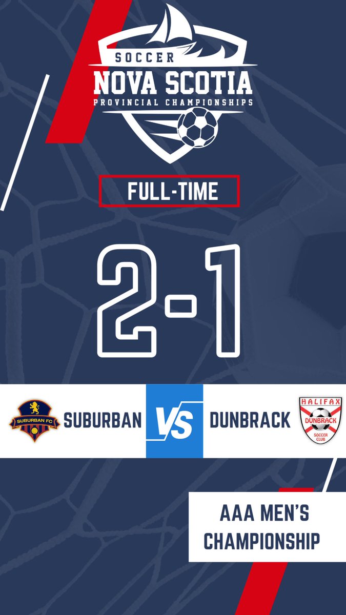 SoccerNS's tweet photo. FULL-TIME 

@SuburbanFC AAA Men are the NSSL &amp; Soccer Nova Scotia’s Provincial Champions 🔥🔥🔥🔥

First provincial title since 2011

@SuburbanFC 2-1 @HalifaxDunbrack 

Suburban FC Goals ⚽️

Damian DeDekker 51’
Liam Kelly 73’ 

Dunbrack Goal ⚽️

Ahmed Ibrahim 3’

#snsprovincials https://t.co/WabAl7k6f5