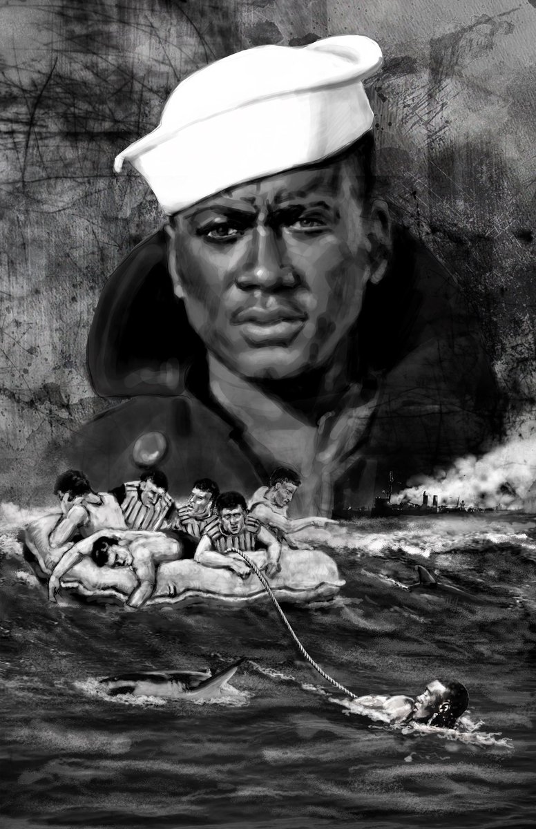 BurgessOwens's tweet photo. During WWII Charles Jackson French swam 6-8 hours in shark infested water towing a life boat holding 15 survivors of the attack on the USS Gregory. He swam with a rope tied around his stomach pulling his fellow sailors to safety. https://t.co/GiFXSwImaF