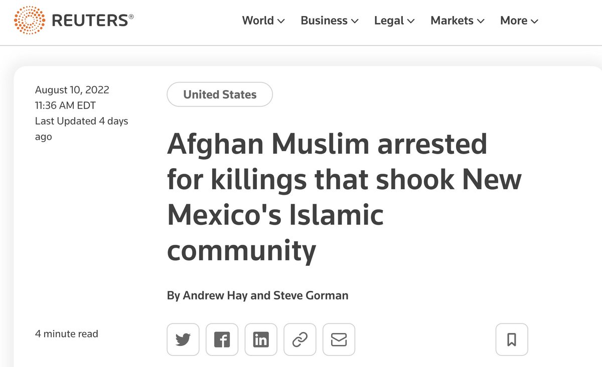 MrAndyNgo's tweet photo. Earlier this week, a Muslim migrant from Afghanistan was arrested as the suspect in the serial killings of four Muslim men in Albuquerque, NM that shocked the country. The killings were first blamed by leftists &amp; Islamists on a phantom Islamophobic, far-right, white supremacist. https://t.co/11unr7NrDs