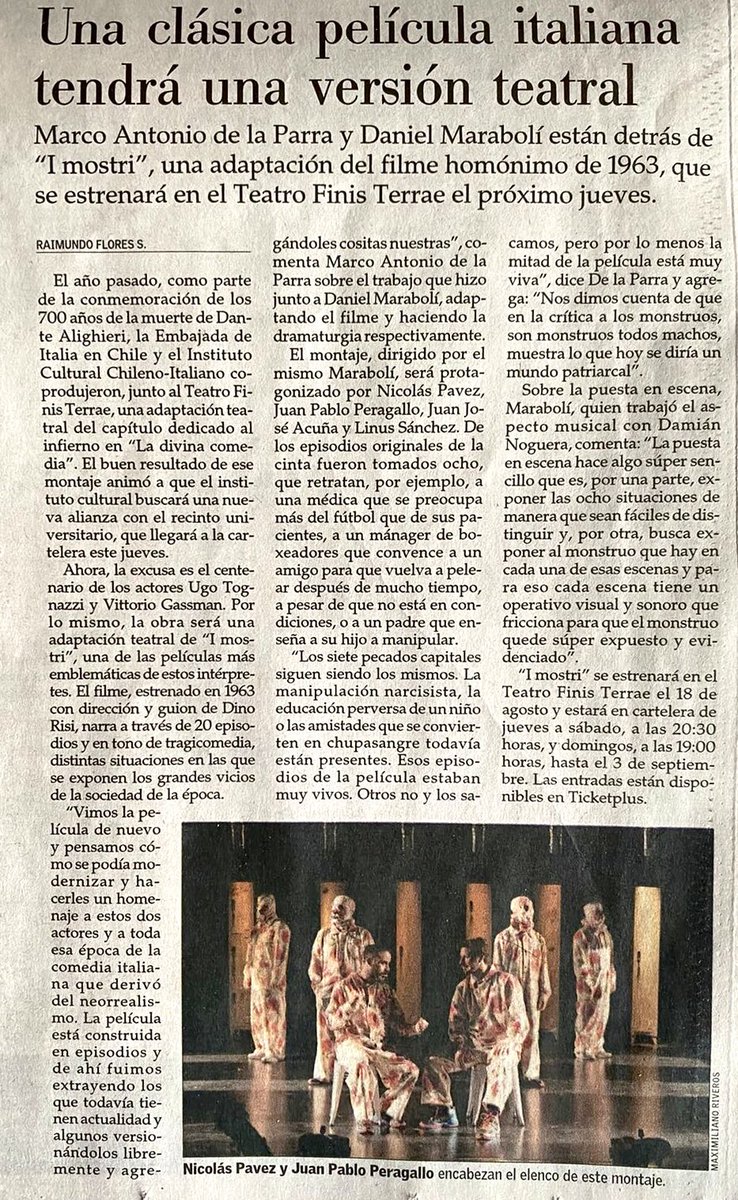 “Exponer al monstruo” 👺#IMostri la adaptación teatral de la película homónima de #DinoRisi llega al #TeatroFinisTerrae en coproducción <a href="/TeatFinisTerrae/">Teatro Finis Terrae</a> e <a href="/IICSantiagoCl/">IIC Santiago</a> . Escrita por <a href="/marcodelaparra/">marcodelaparra</a> y dirección <a href="/DanMaraboli/">Daniel Marabolí</a> . Info y 🎟 teatrofinisterrae.cl/revisa-la-cart… #Estreno #Teatro