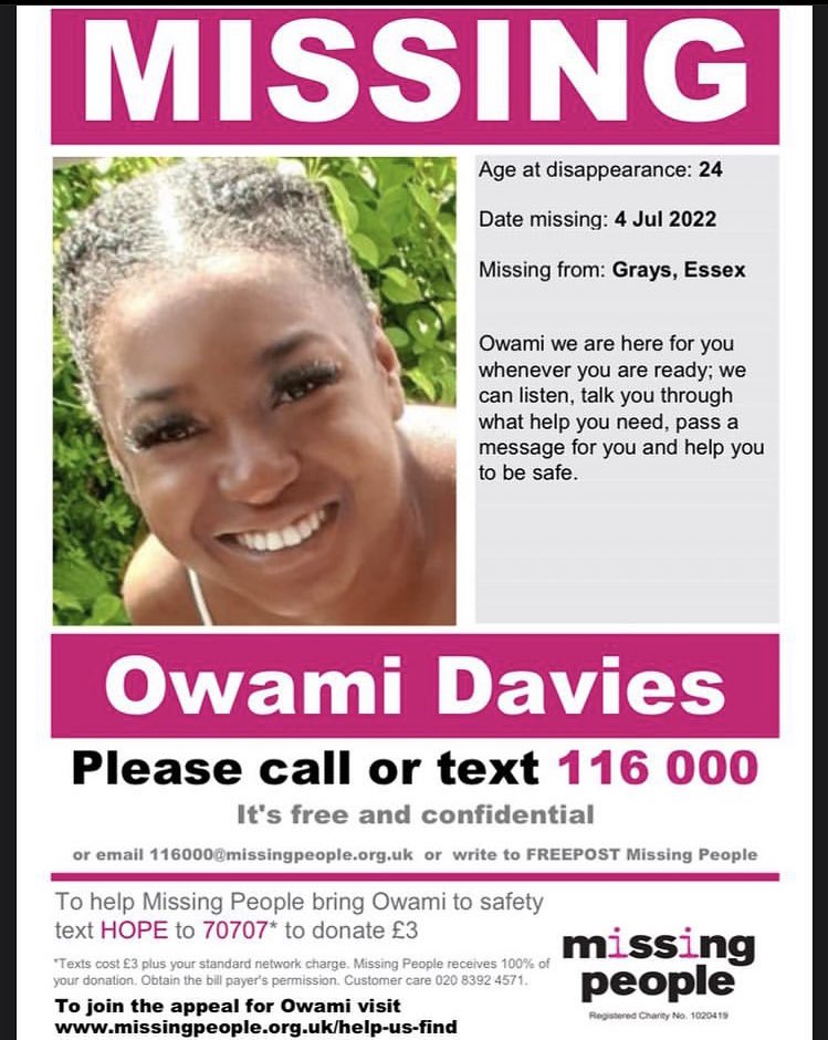 Owami Davies, a 24-year-old student nurse from Essex has been missing for over a month, she was last seen in Croydon. There is a lack of media coverage, so please share to spread the word and get her home #OwamiDavies #StudentNurse