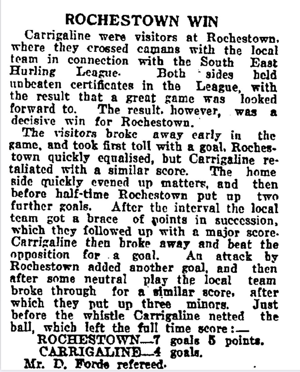 On this day 90 years ago <a href="/GaaRochestown/">Rochestown GAA Club</a> and <a href="/CarrigalineGAA/">Carrigaline GAA</a> clashed at Rochestown in the South-East Cork Hurling League, with victory going to the home side on a final score line of 7-05 to 4 goals. The match referee was Mr. D. Forde #corkhurlinghistory