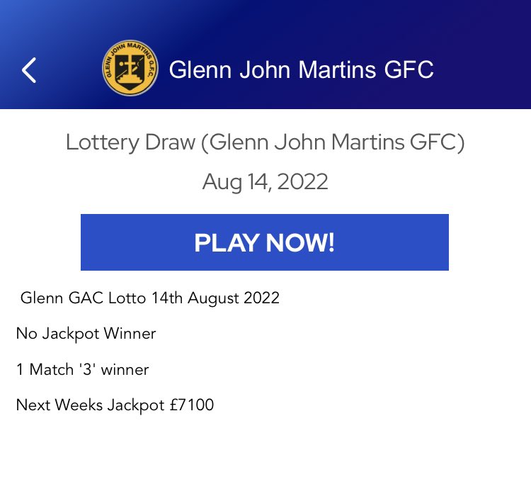GlennGAA's tweet image. Glenn GFC Lotto 14th August 2022 
Next week’s jackpot £7100
#IfYoureNotInYouCantWin
#supportingyourcommunity