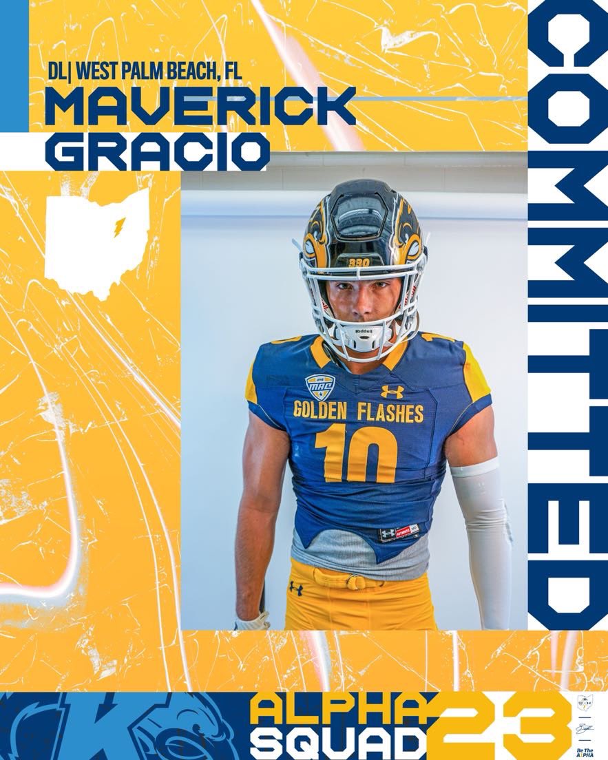 MaverickGracio's tweet photo. Blessed and Honored to say I’ve Verbally Committed to Kent State University! All glory to God for this amazing opportunity!🙏 Thank you to my family and coaches for supporting me through my journey to the next level!! 💛💙 @KentStFootball @TheHC_CoachLew @Coach_Ferrell55 https://t.co/fAN5sI7giK