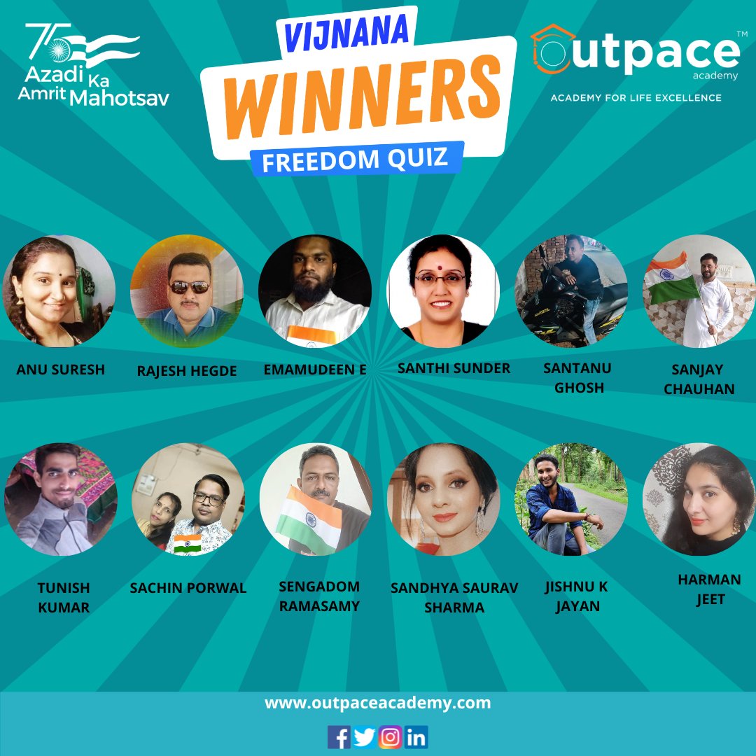 AcademyOutpace's tweet image. Winners of Vijnana Quiz 2022
Congratulations to all the winners and thanks to everyone for participating!
outpaceacademy.com
#AzadiKaAmritMahotsav #outpaceacademy #FreedomFighterofIndia #happyindependenceday2022 #patriotic #vijnanaquiz #winners #Congratulations #prizes
