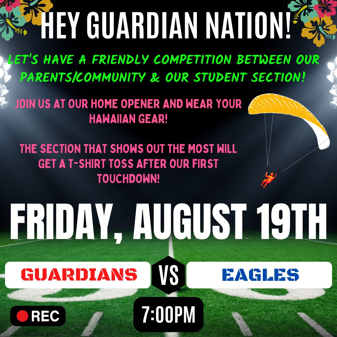 Our <a href="/jgh_football/">Garza Guardians Football</a> varsity home opener is just around the corner!

The student section challenges YOU to join us in Hawaiian attire!

Who else you'll see at this game:
-Our cheer team
-Our band
-Our student section

We'll have skydivers &amp; be on Friday Night Rivals - KFRE CW59!