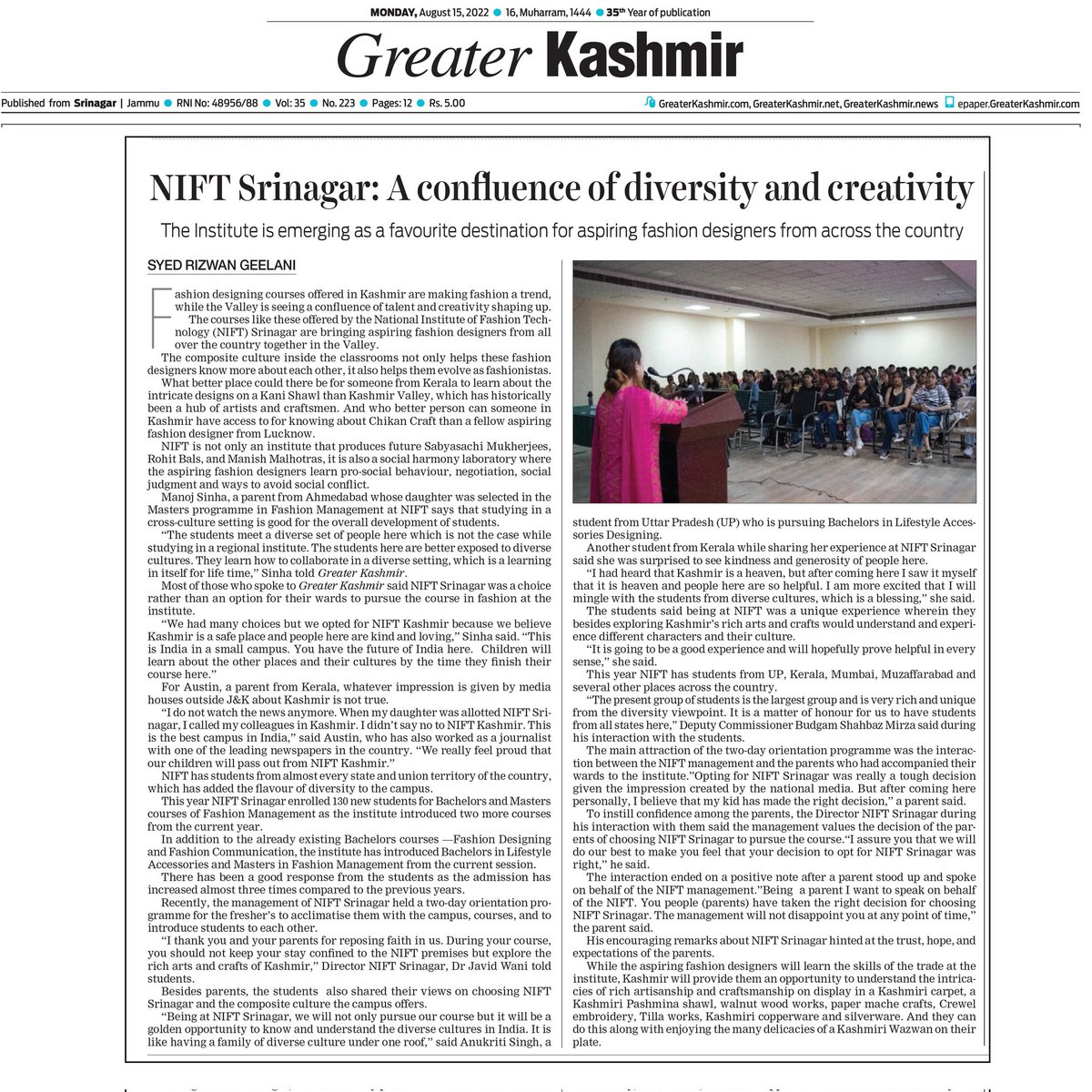 NIFTSRINAGAR1's tweet photo. Orientation 2022 of  NIFT Srinagar.

https://t.co/0SDi5z72BI

#greaterkashmir #greaterkashmirnews #srinagar #kashmir #kashmirvalley  #students #niftsrinagar #nift #niftian #orientation #2022 https://t.co/jYyDFSrlnv
