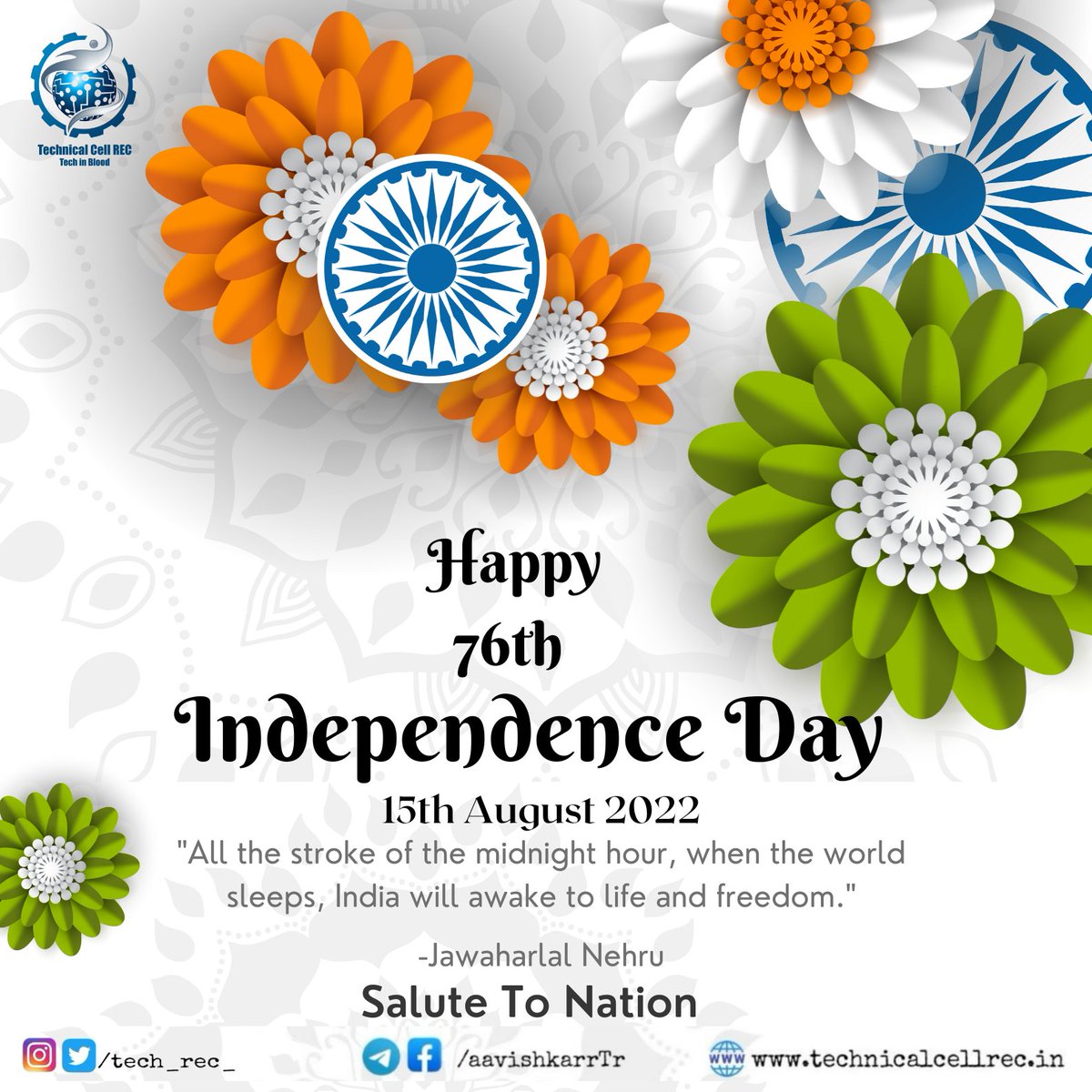 tech_rec_'s tweet photo. #TECH_CELL
#AAVISHKAAR
"Let your spirits fly high with the Indian flag today".
Congratulations to all on the 76th National Independence Day on behalf of the Unified Team Technical Cell. https://t.co/QcejUYuKIu