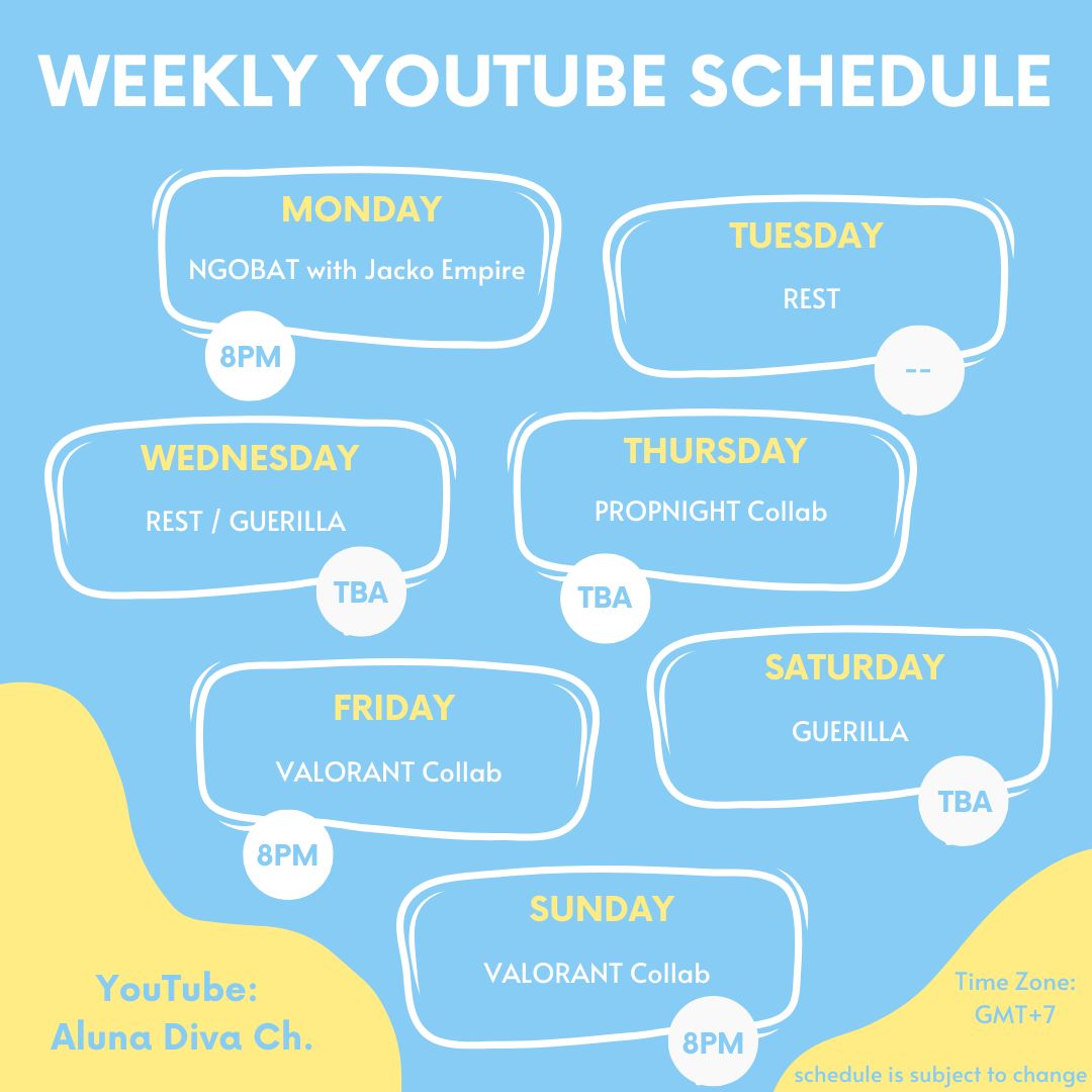 AlunaDiV's tweet photo. Weekly YouTube Schedule (15-21 August 2022)
YouTube Channel: https://t.co/da8TOUhLvC
ใHashtagsใ
General โ #AlunaDiv
Live โ #AlunaLive
Art โ #DrawUna
Clip โ #ClipUna
Meme โ #Lunahaha
Sing โ #UtaLuna
---
Fanmark: ๐ถ๐
Fanname: Lunampol
#Vtubers #VTuberUprising #VtuberID https://t.co/25TmB05P6G
