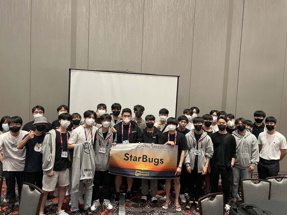 JisubK's tweet photo. #Starbugs takes 3rd place of #DEFCON30 CTF. Many thanks to @Nautilus_Inst for great challenges, and our teammates who did hard works and great job, kudos to you guys❤️🔥 https://t.co/EJJBLrVygF