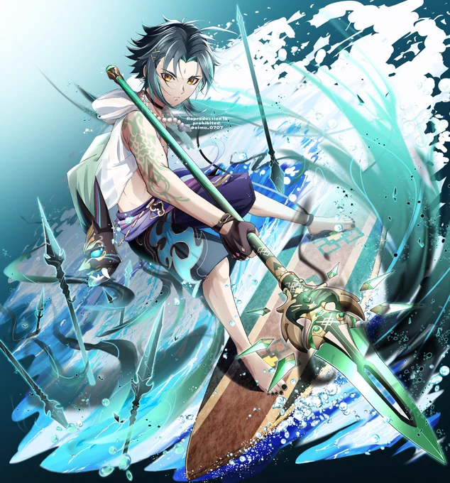 #GenshinImpact #Xiaoキャラスキン風立ち絵夏の波乗り護法夜叉 魈#pixiv  