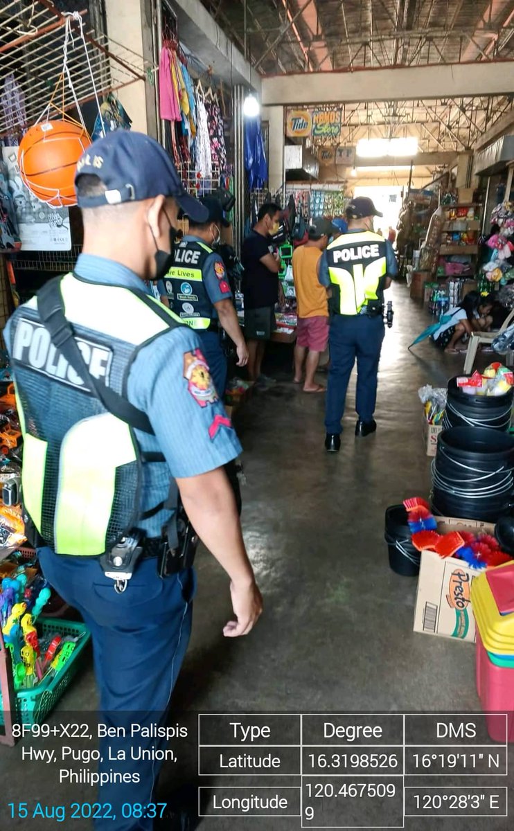 pugomps's tweet photo. On August 15, 2022, pers of Pugo PS , conducted visitation and police presence at Pugo Public Market to always remind the vendors and vendees to strictly implementation of municipal ordinances and observance of minimum health standards protocols to prevent the spread of COVID-19. https://t.co/0u5tLYJb6j