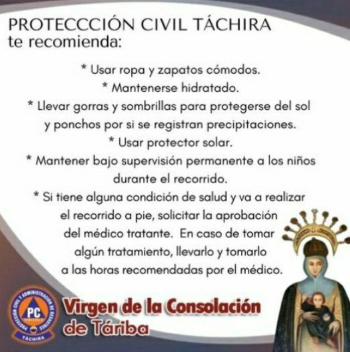 #Procesión
#VirgendeLaConsolacion
15/08 personal y familia de la ZET participará con Devoción en  caminata en honor a la Patrona del Táchira previo la misa 5y30 am 
Catedral #SC hasta la Basílica #Tariba 
<a href="/PresidencialVen/">Prensa Presidencial</a> 
@MPPEDUCACION 
<a href="/Berzabethg1/">Berzabethgandicaoficial</a> 
<a href="/FreddyBernal/">Freddy Bernal</a> 
<a href="/mmorontar/">mario moronta r</a>