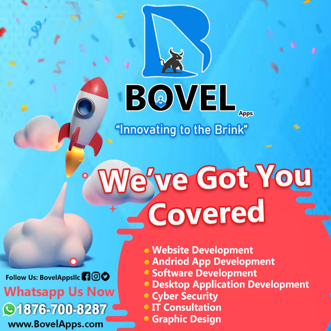 bovelappsllc's tweet photo. We’re proud to announce Our Services, We are looking forward to learning and growing from our customers and the community. "While Innovating the Brink"
Visit:https://t.co/pEcQDMKKl0 or Whatsapp 1876-700-8287

#bovelapps #Jamaica  #softwaredev 
#sabina #montegobay  #bwoyatingz https://t.co/aye2fXf7P2