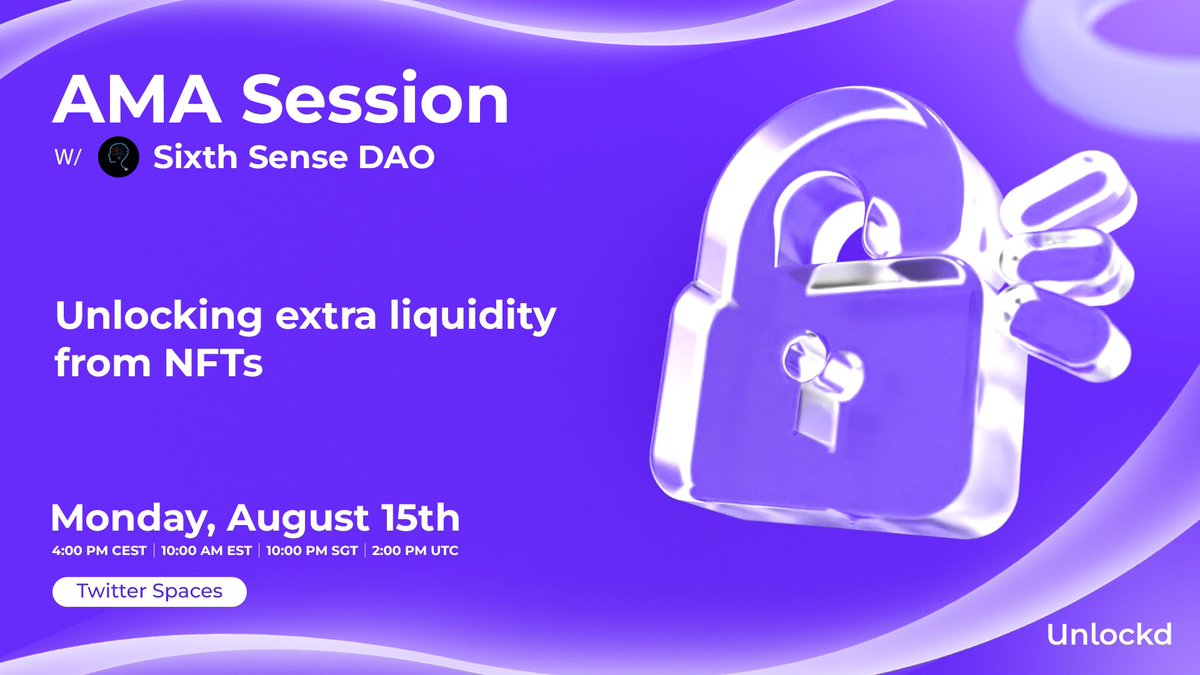 Don't miss our upcoming #AMASession with <a href="/6THsenseDAO/">Sixth Sense DAO</a>!

🗓 Monday 15

⏳4pm CEST | 10am EST | 10pm SGT

We'll talk about the importance of NFT liquidity to achieve true capital efficiency when building a digital assets portfolio. 

🔔 Set a reminder 👉 x.com/i/spaces/1yoJM…