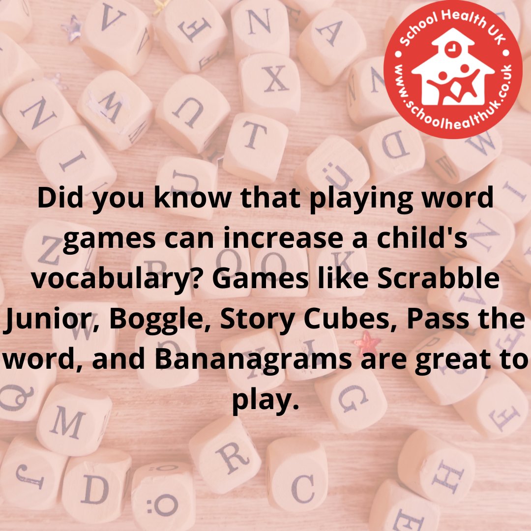 SCHOOLHEALTH_UK's tweet photo. Did you know that playing word games can increase a child's vocabulary? Games like Scrabble Junior, Boggle, Story Cubes, Pass the word, and Bananagrams are great to play. #wordgames #vocabulary #schools #ukschools #scrabblegame #boogle https://t.co/KJ74MShmwI