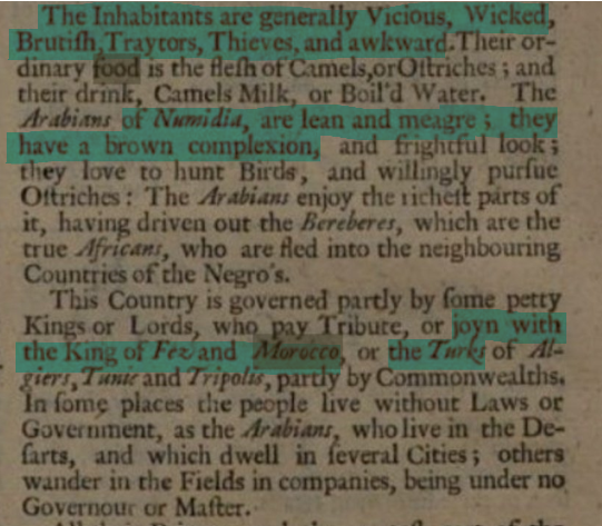 📚🔎: Description des habitants du Maghreb en 1695 

🇲🇦Empire Du Maroc : 
Le Marocain est courageux et fort, accro au commerce, à la science et à la guerre

🇩🇿algerie : 
l'algerien est de couleur brune, physique maigre, faible, malhonnête et lâche, le pays est gouverné par 🇲🇦 🇹🇷