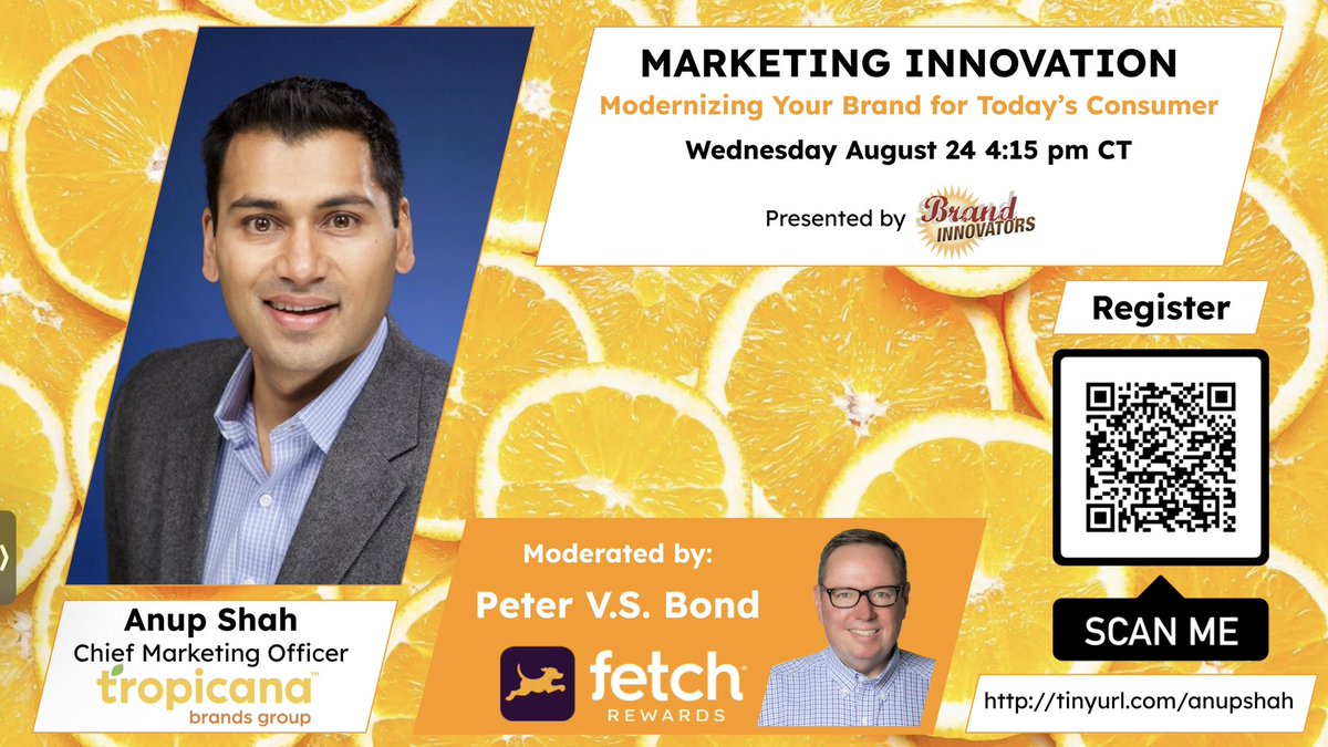 Anup Shah, CMO of <a href="/TropicanaBrands/">Tropicana Brands Group</a> will be speaking with me at the <a href="/BrandInnovators/">Brand Innovators</a> Marketing Innovation Summit - Aug 24 at 4:15pm CT. Register here 👉 tinyurl.com/anupshah 👈 <a href="/FetchRewards/">Fetch</a>