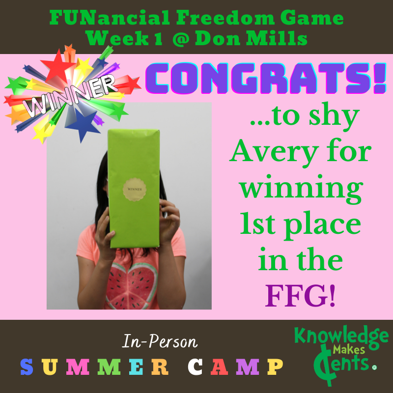 KMCents's tweet photo. We have a FUNancial Freedom Game winner for week one at @SpiritofMath #DonMills campus. Congrats to Avery for winning by paying your future-self first and investing for the future! You did great!
#LearnAboutInvesting #PassiveIncome #NeedsVsWants #MoneyCamp #FunSummer #SummerCamp https://t.co/f9FEOK1H3T