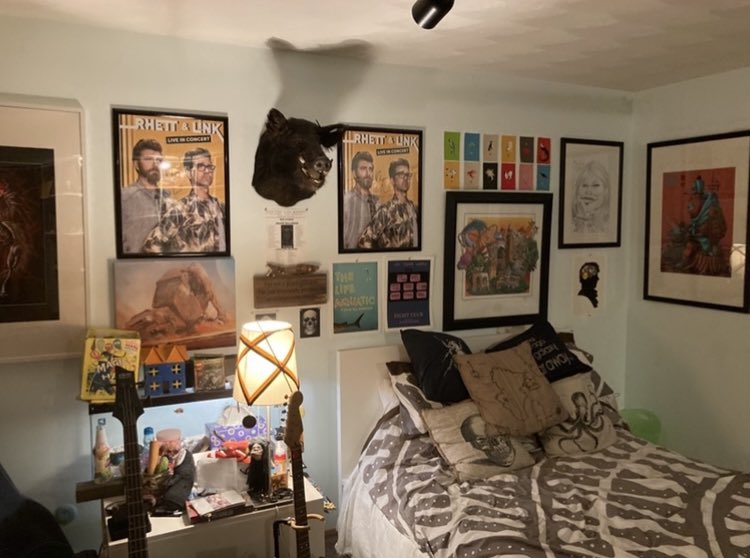 IrrelevantAnim1's tweet photo. @danielhowell The pic is kind of dated - I’ve since moved the snek cage and cleaned off the table, moved the guitars and put another little table on the right of the bed https://t.co/aXf69LSExX