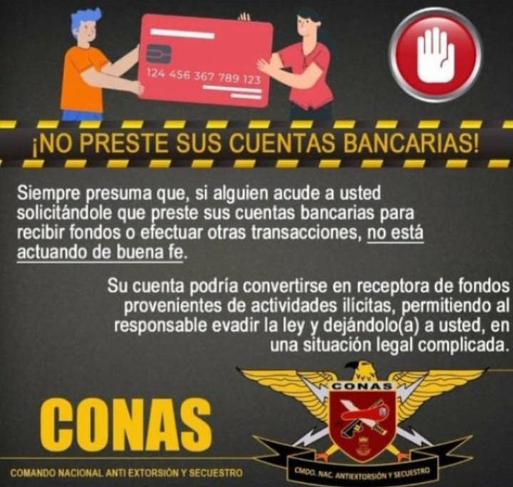 #14Ago El #Gaes61DeltaAmacuro te aconseja no prestar en ningún  momento tus cuentas bancarias,¡No seas otra víctima!🛑🛑

.@GNB_tachira
