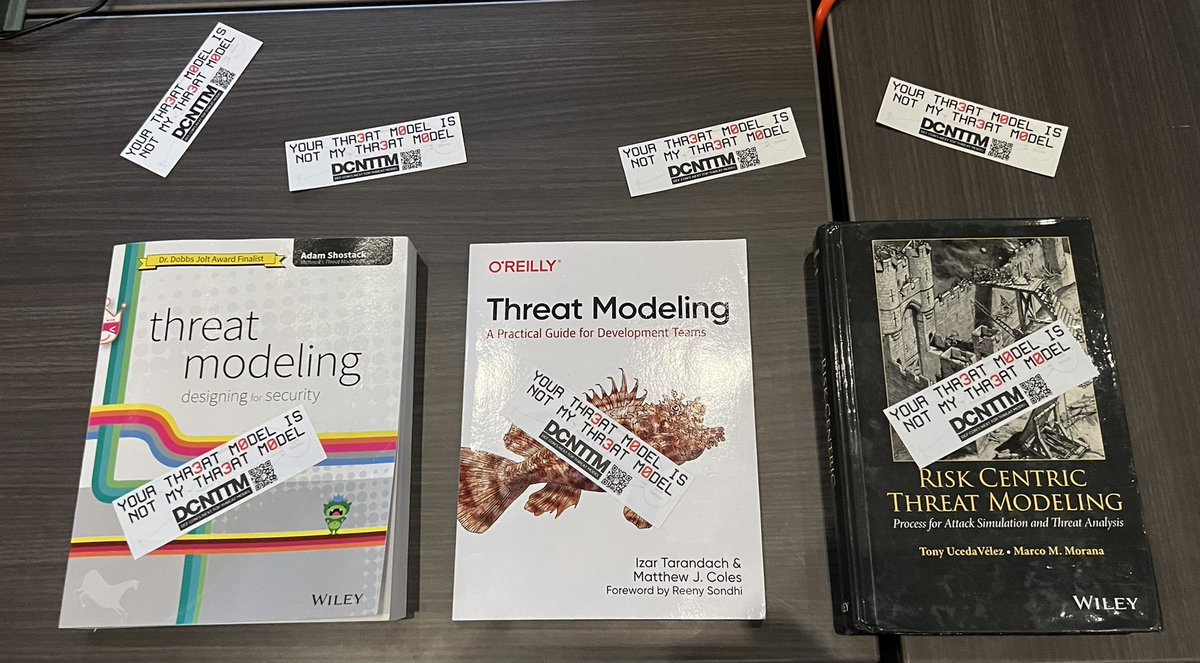 Thank you for donating books to DEF CON’s Next Top Threat Model. These are the start of our library which we’ll bring back every year, and were given as secondary prizes. <a href="/adamshostack/">adam shostack</a>, <a href="/izar_t/">Izar Tarandach 🎗️</a>, <a href="/coles_matthewj/">Matthew Coles</a>, <a href="/t0nyuv/">Tony UV</a> #DEFCON #DEFCON30 #threatmodelimg #appsec