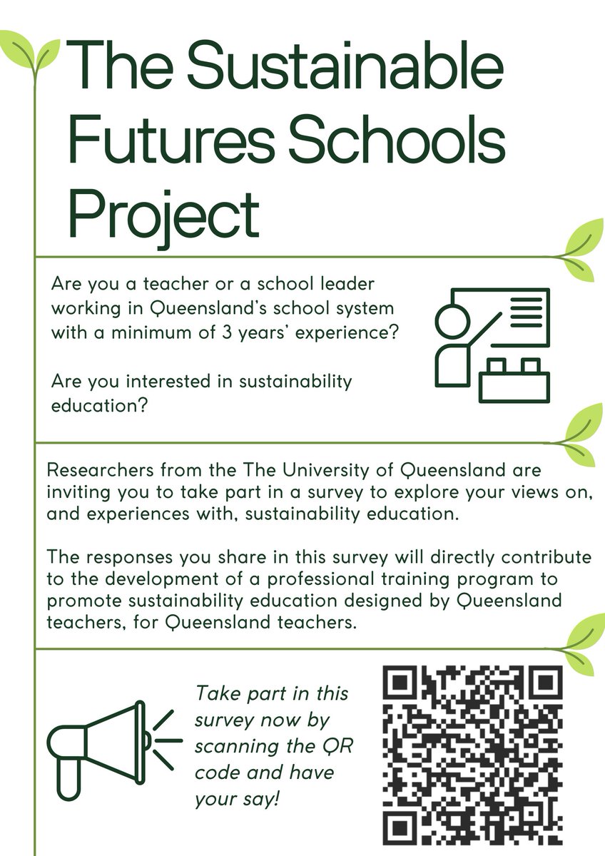 SchoolsFutures's tweet photo. Attention teachers and school leaders! ‼️🚨

As part of a larger project supported by the #DepartmentOfEducation, UQ researchers are inviting YOU to share YOUR voice on sustainability as a cross-curriculum priority #SCCP 

Have YOUR say today! https://t.co/ZmSFwEovcY