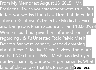 JanUrban12's tweet photo. FYI: #MeshDebacle #MeshCrimes #Harms4Profit 10's of 1000's Women Irreversibly Harmed by Permanent Toxic Polyproplylene Plastic Mesh Implants. Billions $'s are made from their suffering. Women left Broke and Broken #4Life Regulators Fail to Protect Women all 4 #commerce https://t.co/jKmEw5kLND