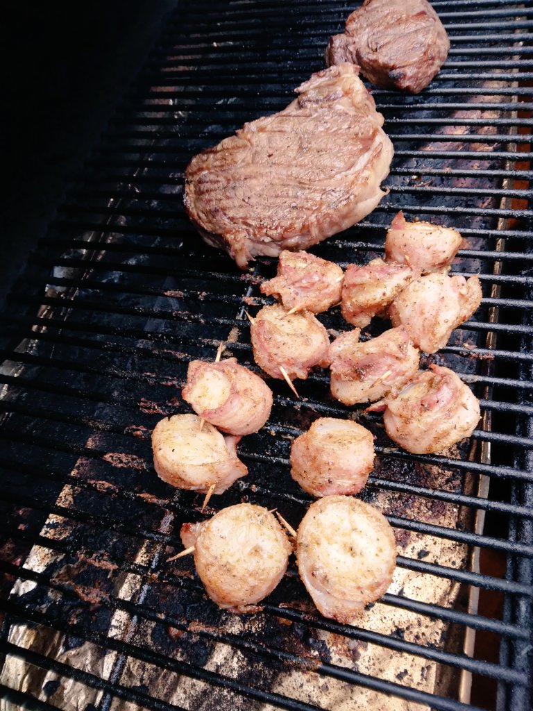 Ribeye, Tenderloin and Bacon-wrapped Scallops for the win.