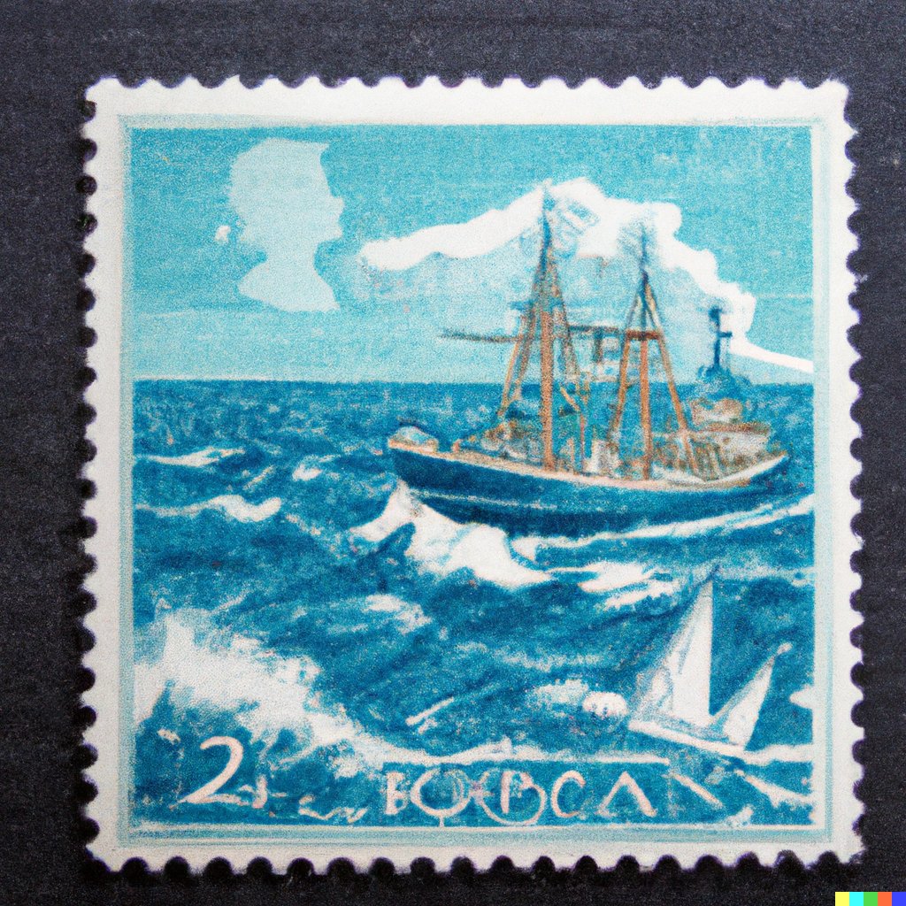 “A UK postage stamp with a ship on the ocean” 1/4