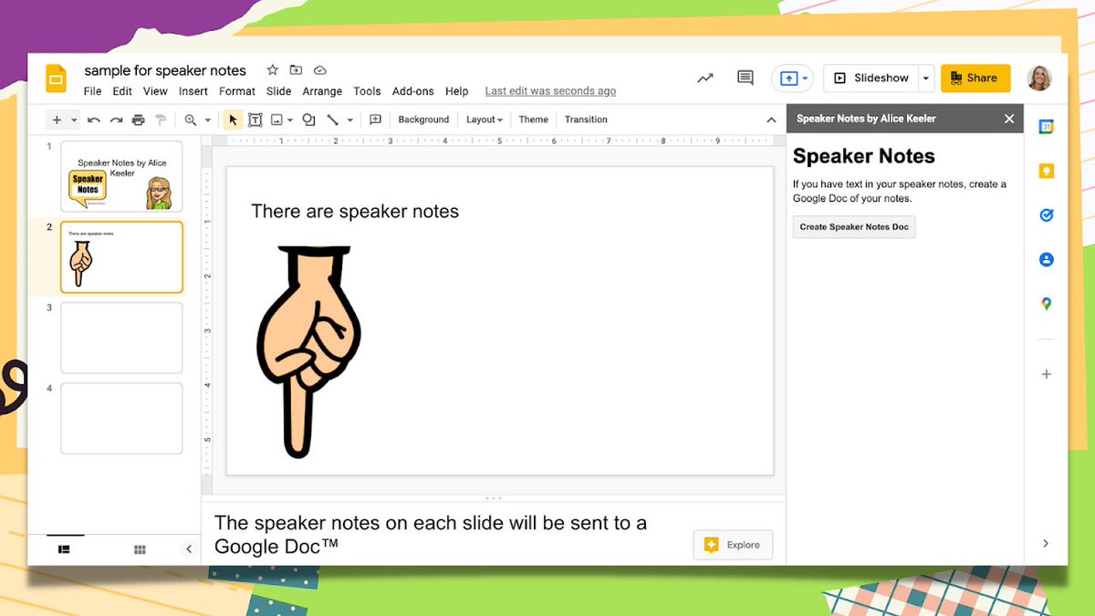 Have students put their talking points for a presentation down in the speaker notes of Google Slides. 

Use my Add-on to export their notes to a GOOGLE DOC so you can review their talk.

workspace.google.com/marketplace/ap…
#googleEDU #googleSlides