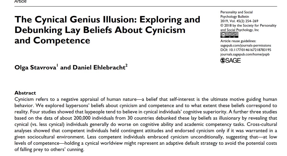 emollick's tweet photo. Stephen Colbert was right: “Cynicism masquerades as wisdom, but it is the furthest thing from it.”

A worldwide survey of 200k people finds cynical people are thought of as smarter... but that, in reality, cynics test lower on cognitive &amp; competency tests. https://t.co/KLc33j4JFK https://t.co/ai2V4tzhf5