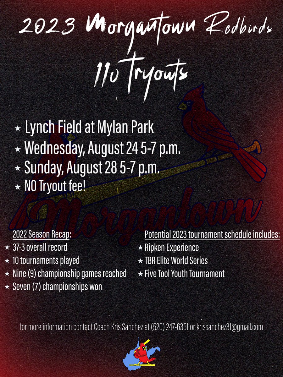Want to be a part of one of West Virginia’s premiere youth travel baseball teams?

The Redbirds 2023 11U team is looking to add a few roster spots and will be hosting tryouts from 5-7 p.m. Aug. 24 and Aug. 28 on Lynch Field at Mylan Park. For information, call (520) 247-6351.