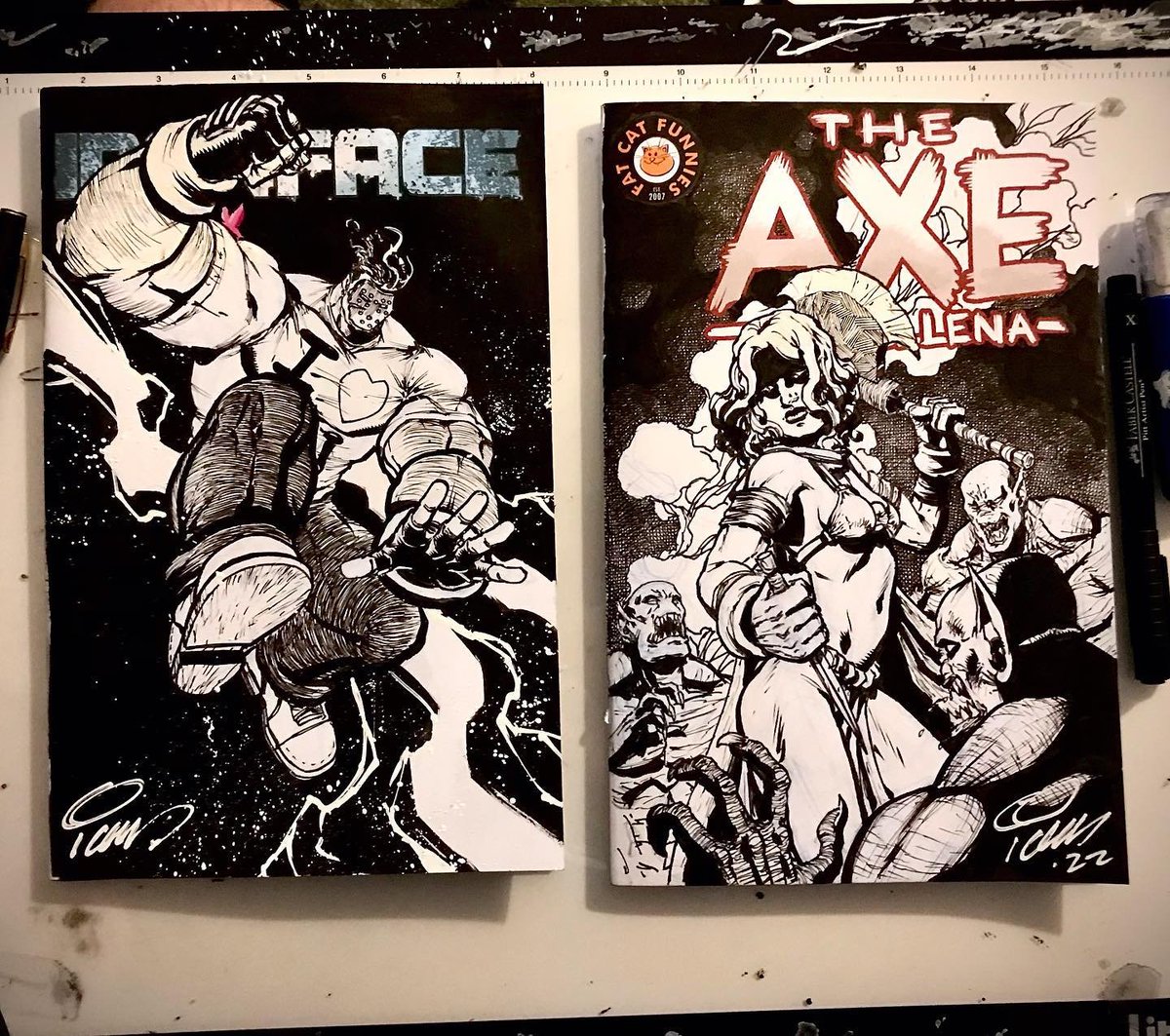 IanCNichols's tweet photo. Finished a couple of #sketchcover drawings. @IronfaceStudios #ironface and my #axeofhellena Iโll have them in my web store tomorrow.
#sketch #drawing #drawings #comics #comicart #comicbooks #originalart #artwork #artworks #fantasy #fantasyart #horror #horrorart #artforsale https://t.co/kgUD8lO2XM