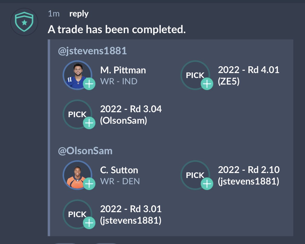 FflPong's tweet photo. ❗️Trade Alert❗️@Olson_Sam16 and @jstevens1881 have struck a deal! Pittman and Sutton in the mix along with some picks 😍 https://t.co/MSAgff76bw