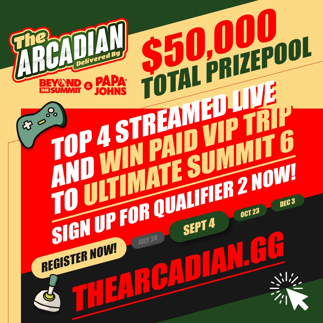 This is your chance to have the spotlight ⭐ The Arcadian delivered by @BTSsmash & @PapaJohns is dedicated to the unranked players of the Ultimate community, and YOU could take home a slice of the $50,000 prize pool! Sign-up for the 9/4 qualifier at bts.gg/arcadian