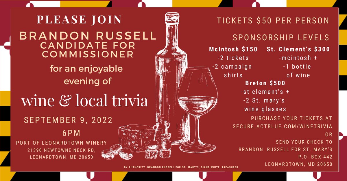 Brandon4StMarys's tweet photo. Please join me at my campaign fundraiser on September 9th! I need YOUR HELP to WIN this November! Get tickets here: https://t.co/RJt3jhKfoj
#MDDems #SMCDems #LocalPolitics #StMarysCounty https://t.co/HFGMhfhRAJ