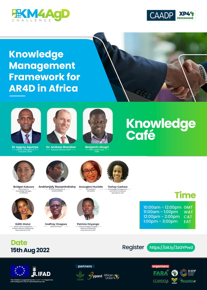 FARAinfo's tweet photo. We kickstart the series of #KnowledgeCafes organized under the ongoing #KM4AgD Challenge at #10am today on the theme; Knowledge Management Framework for #AR4D in Africa  

Kindly register with the link below to participate.  
https://t.co/87Zw4KA98b 

#CAADPXP4 https://t.co/wzNezXTIJl