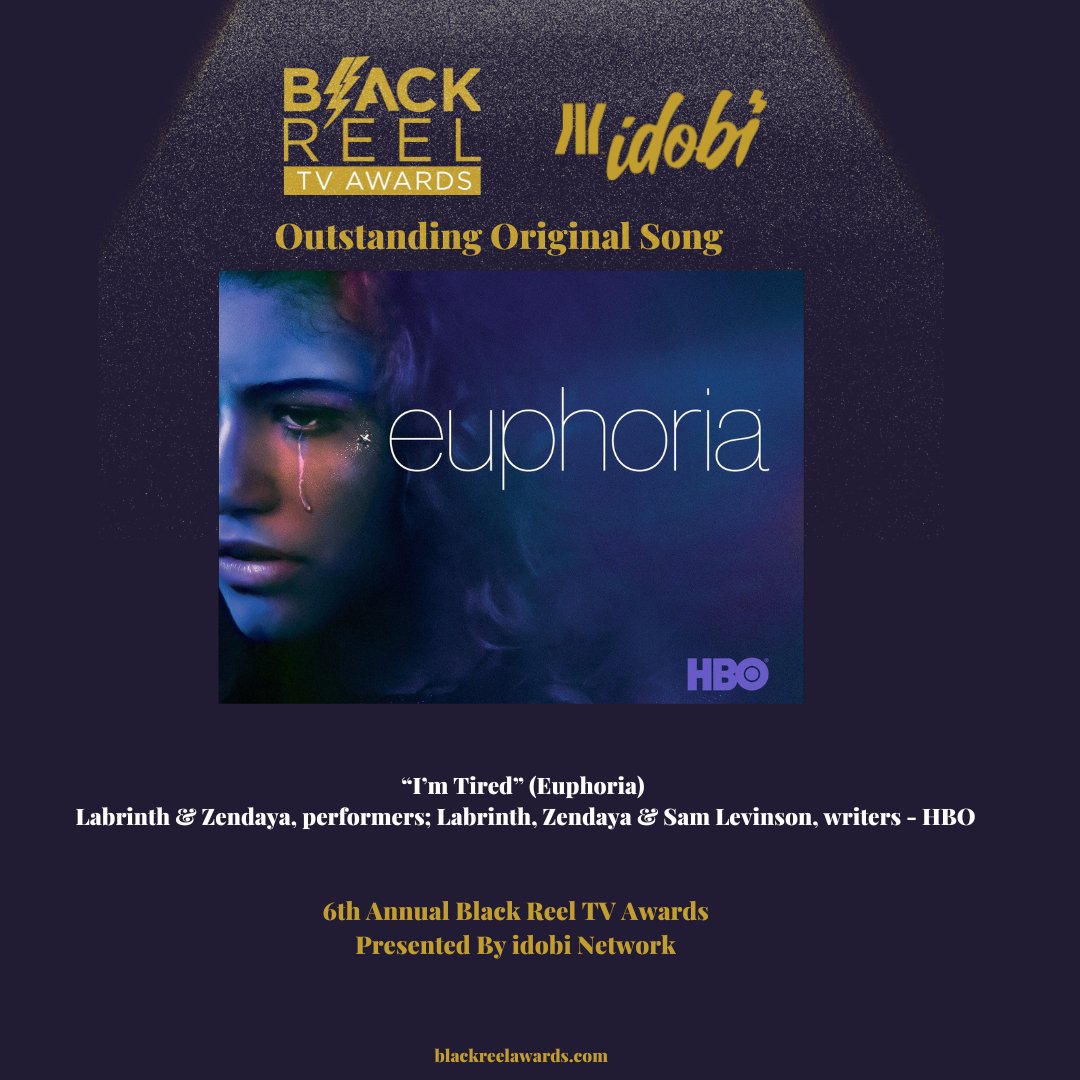 BlackReelAwards's tweet photo. Winner Original Song: “I’m Tired” (@euphoriaHBO ) #samlevinson, @Labrinth @Zendaya #BoltsTV #BlackReelTVAwards #BlackTelevisionMatters #idobi #idobinetwork #zendaya #samlevinson #labrinth #euphoria https://t.co/miiEnZKcWs