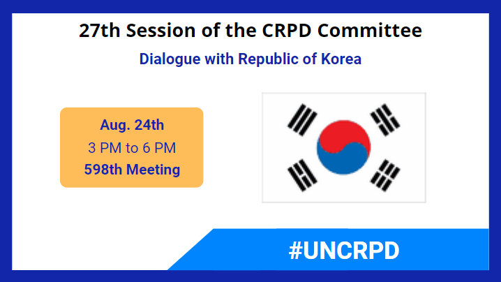 📢The #CRPD27 Dialogue with #Korea is starting in 10 minutes!
Follow the Live Session with us HERE👉bit.ly/3dykkYA!
#CRPDNow! #UNCRPD